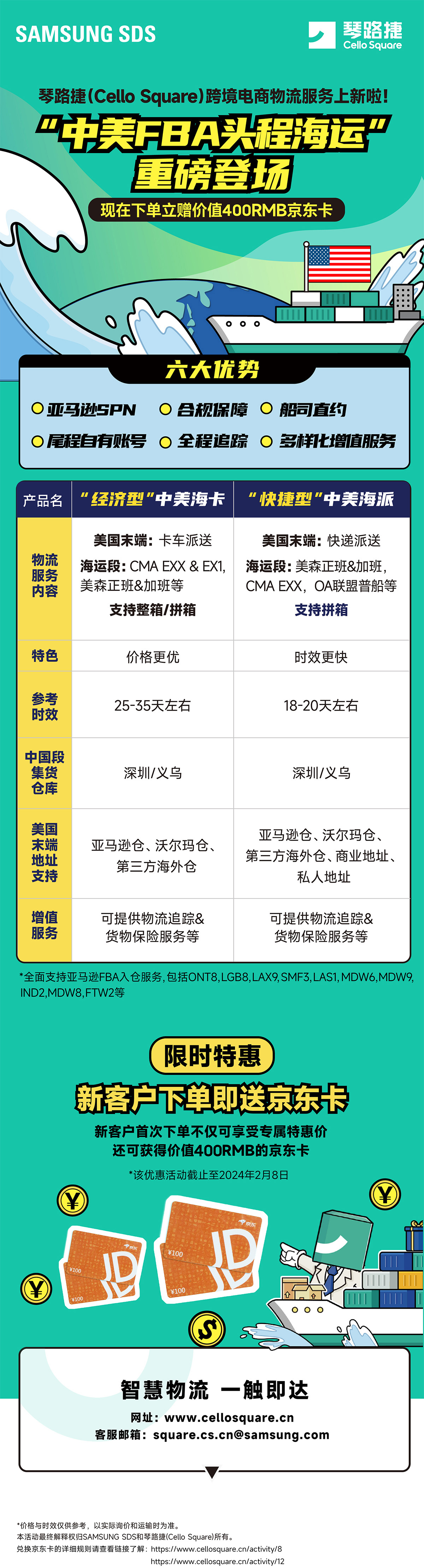 中美FBA头程海运发货即送400元京东卡